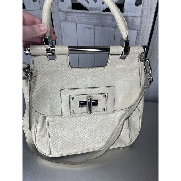 Banana Republic Leather Satchel Bag Top Handle Cream Croc Embossed - Picture 2 of 9